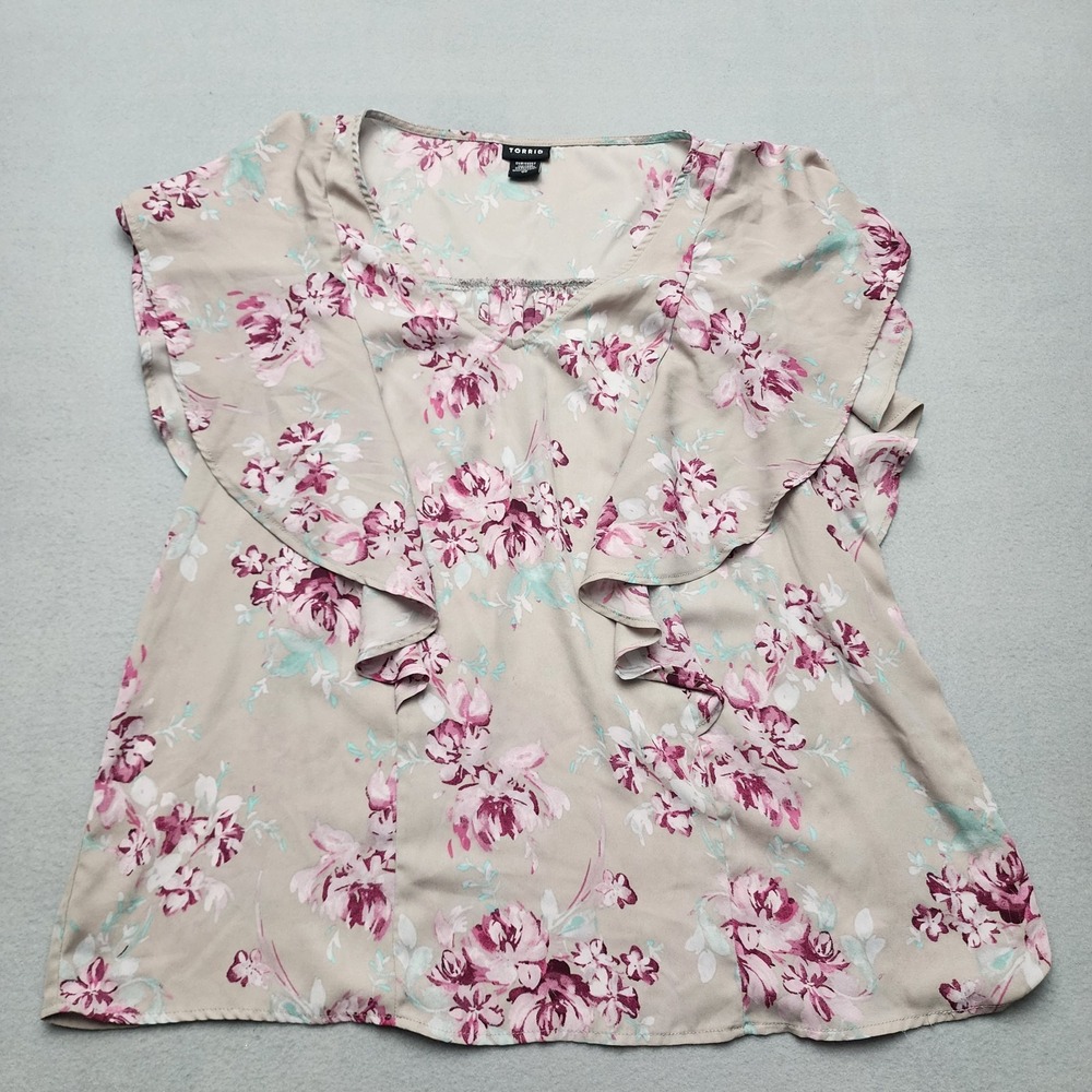 Torrid Size 00 Floral Ruffle Sleeve Blouse Beige Pink Mint Plus Size 10